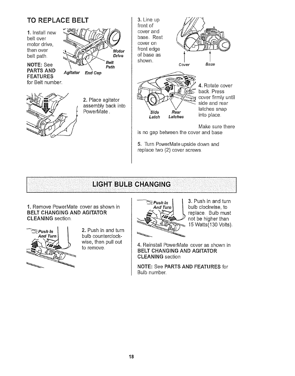 To replace belt, Light bulb changing, Note: see parts and features for | Kenmore 116.27514 User Manual | Page 18 / 23