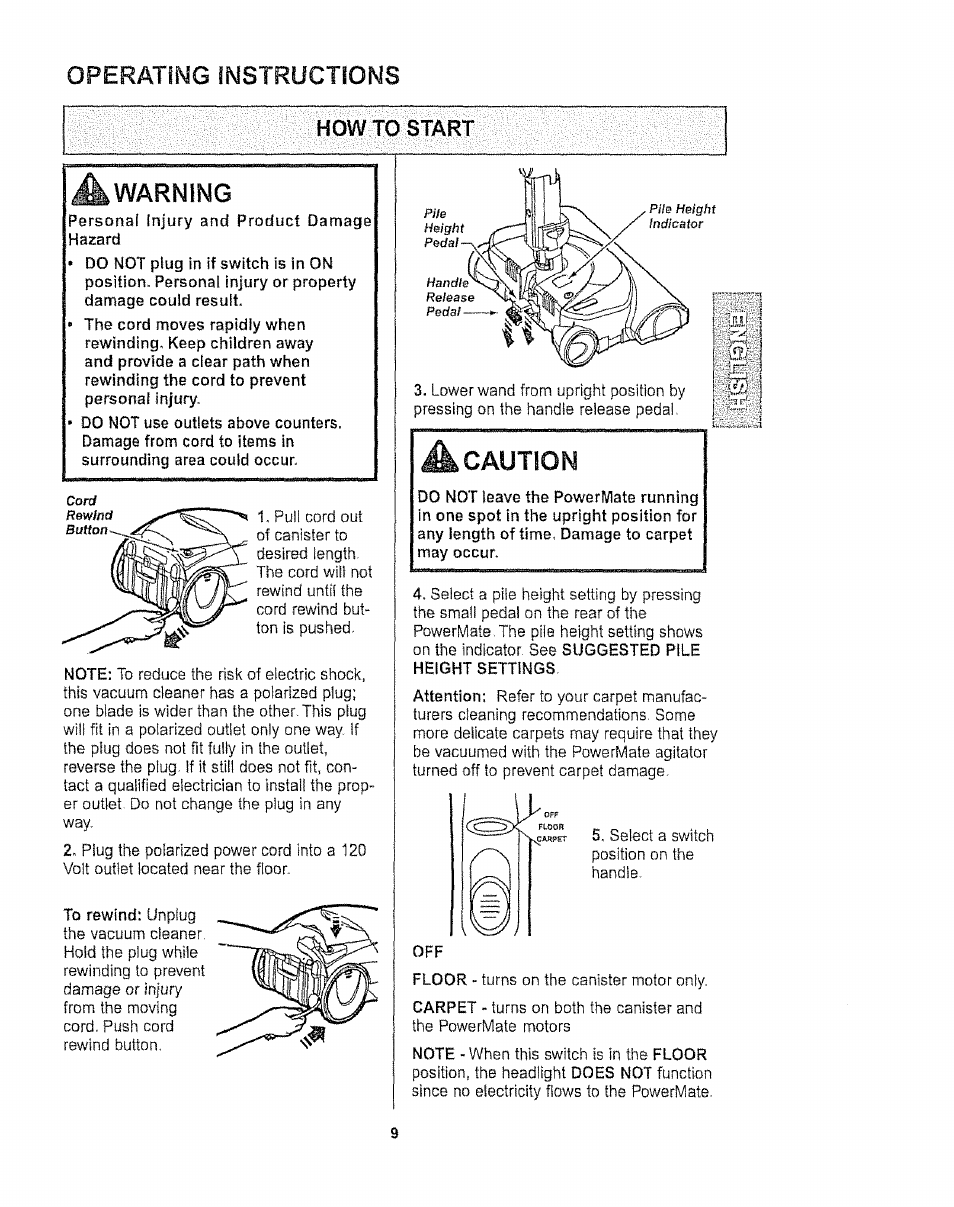 How to start, Operating instructions, A warning | Caution | Kenmore 116.27514 User Manual | Page 9 / 23