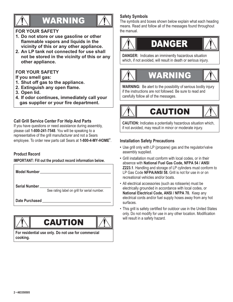 Danger, Warning, Caution | Kenmore 415.162090 User Manual | Page 2 / 32