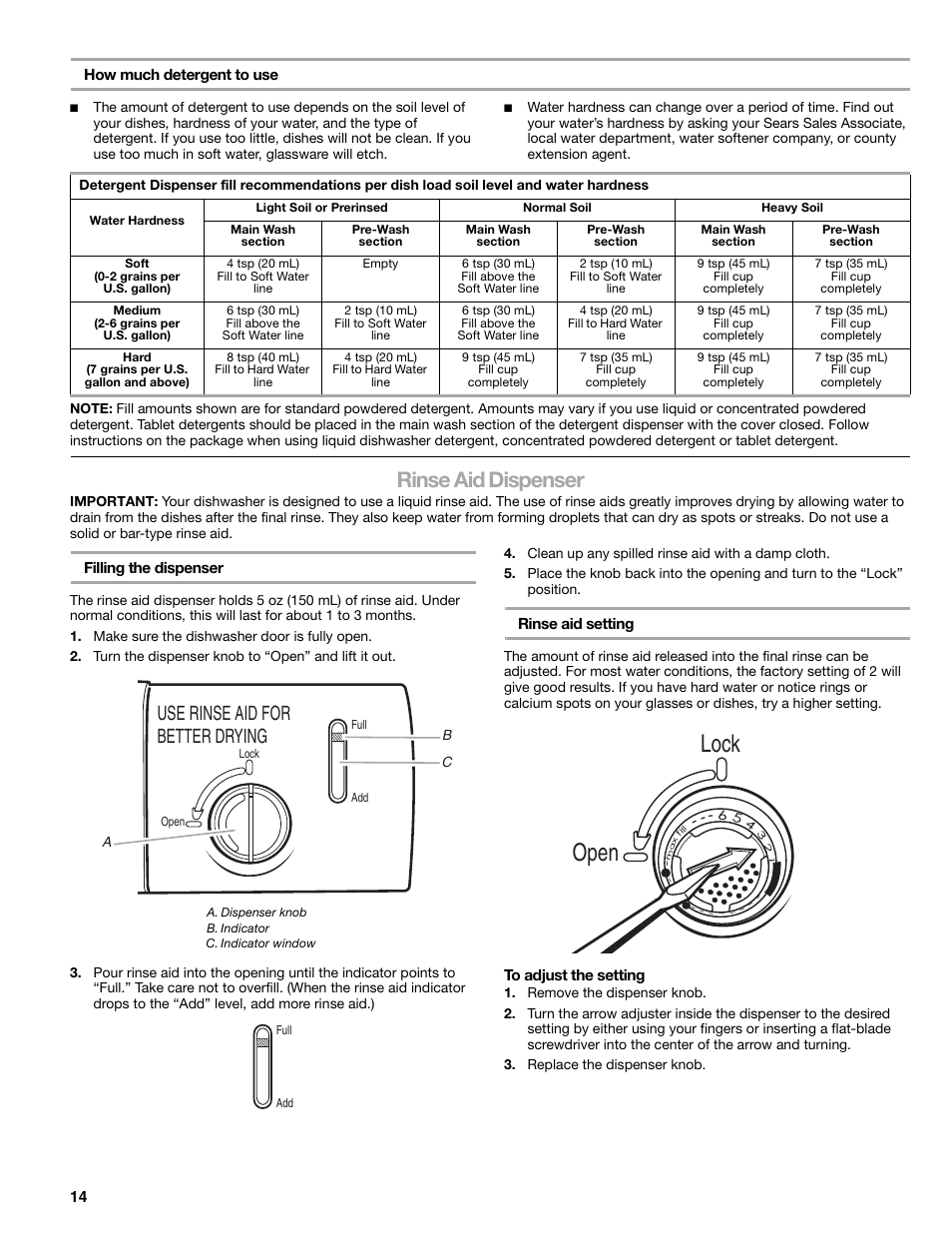 Lock open, Rinse aid dispenser, Use rinse aid for better drying | Kenmore 665.1388 User Manual | Page 14 / 24