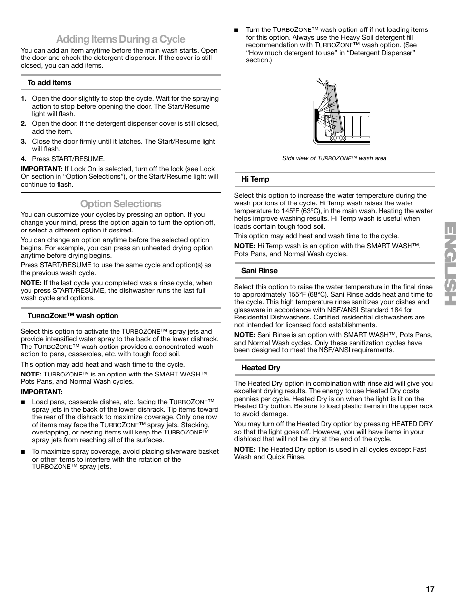 Adding items during a cycle, Option selections | Kenmore 665.1388 User Manual | Page 17 / 24