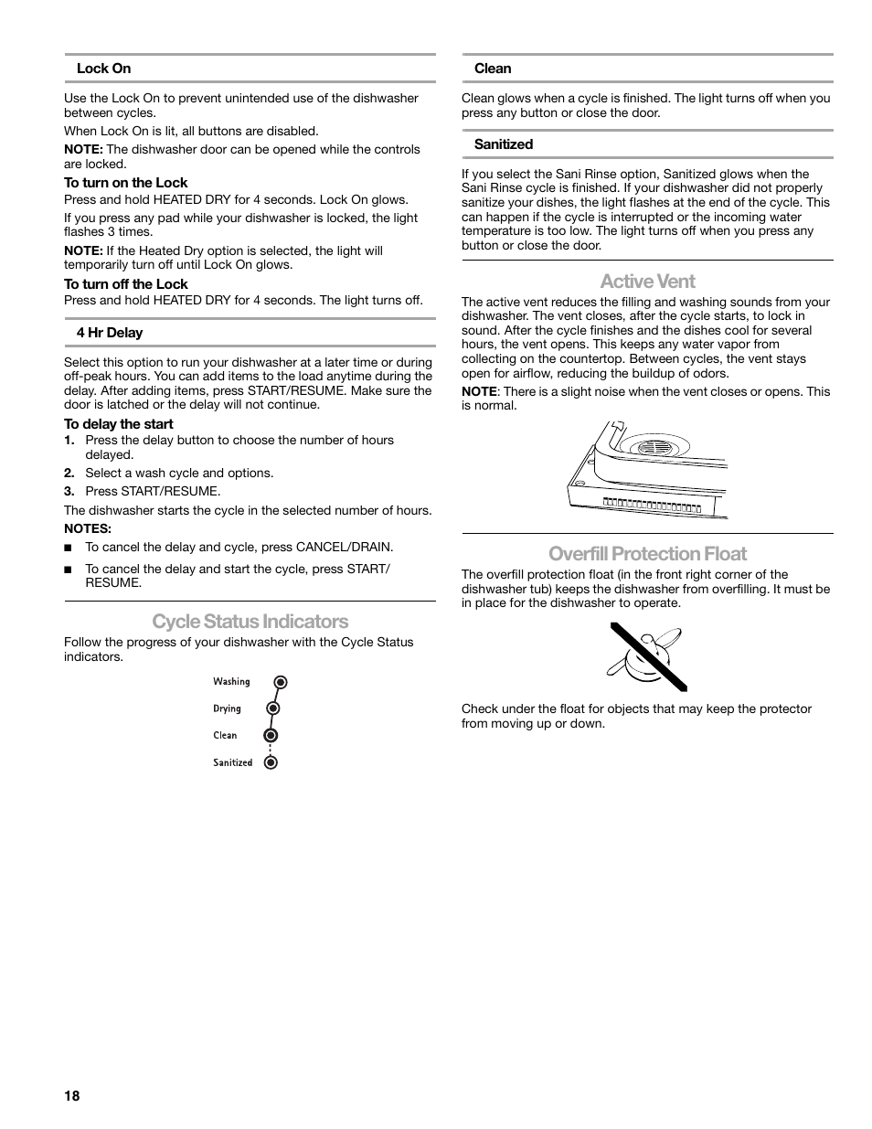 Cycle status indicators, Active vent, Overfill protection float | Kenmore 665.1388 User Manual | Page 18 / 24