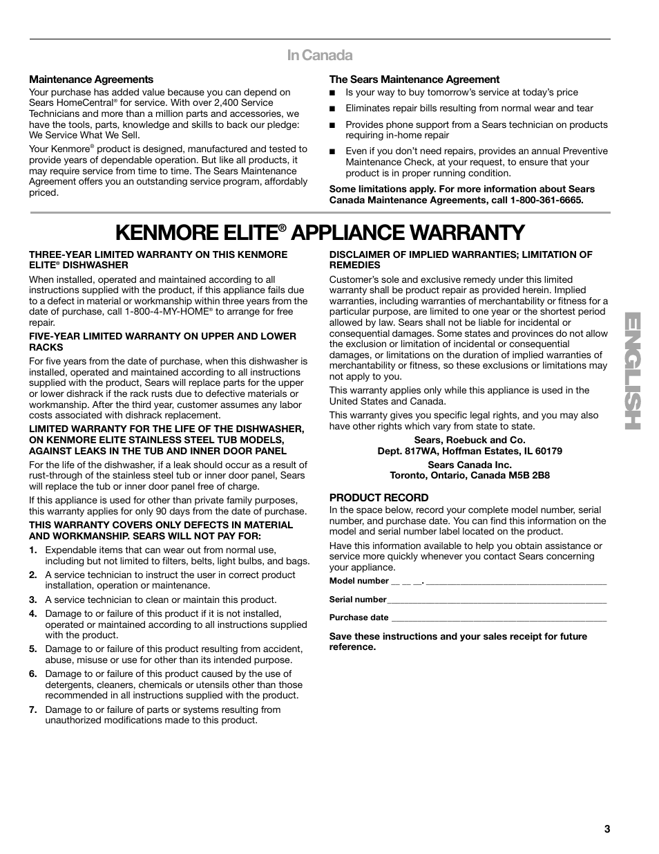 Kenmore elite, Appliance warranty | Kenmore 665.1388 User Manual | Page 3 / 24