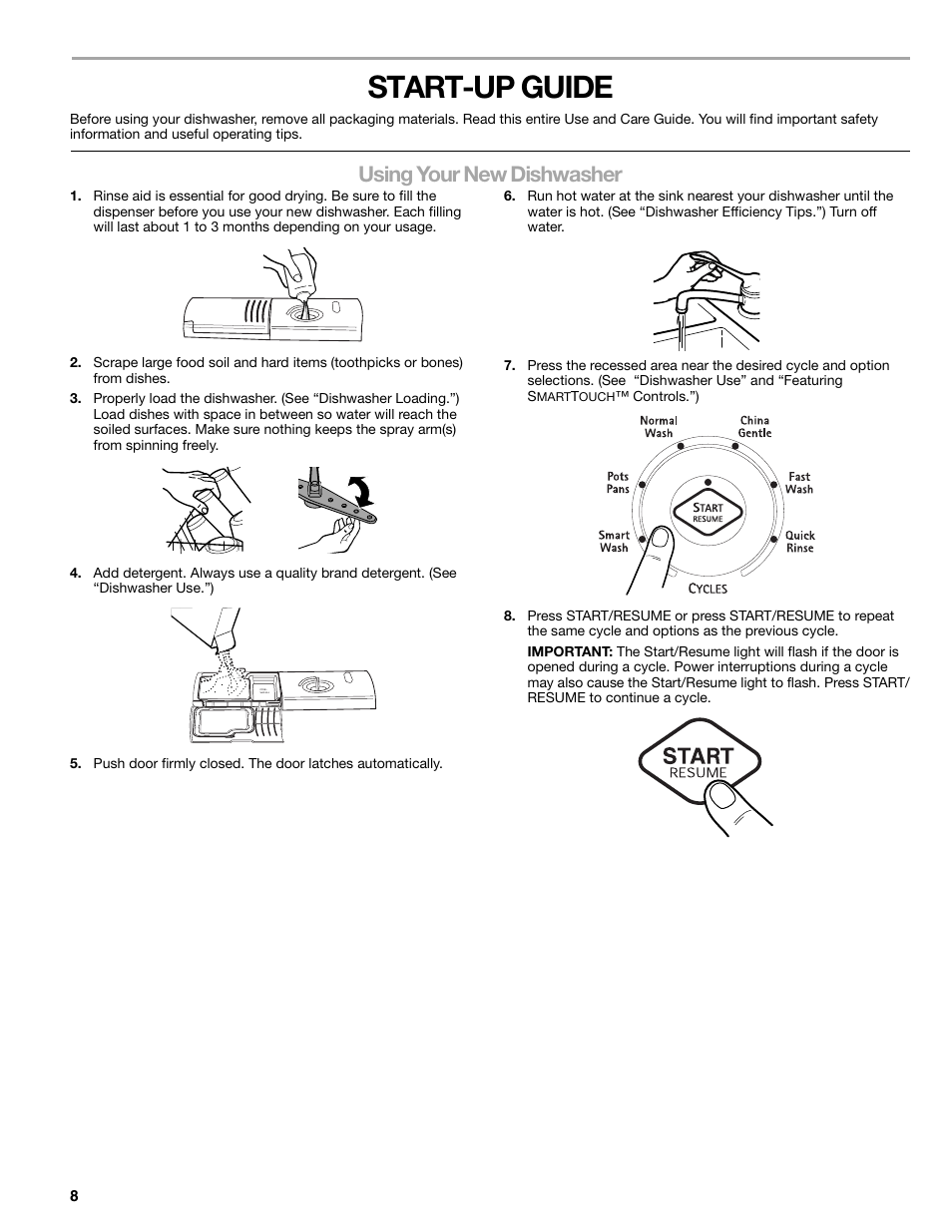 Start-up guide, Using your new dishwasher | Kenmore 665.1388 User Manual | Page 8 / 24