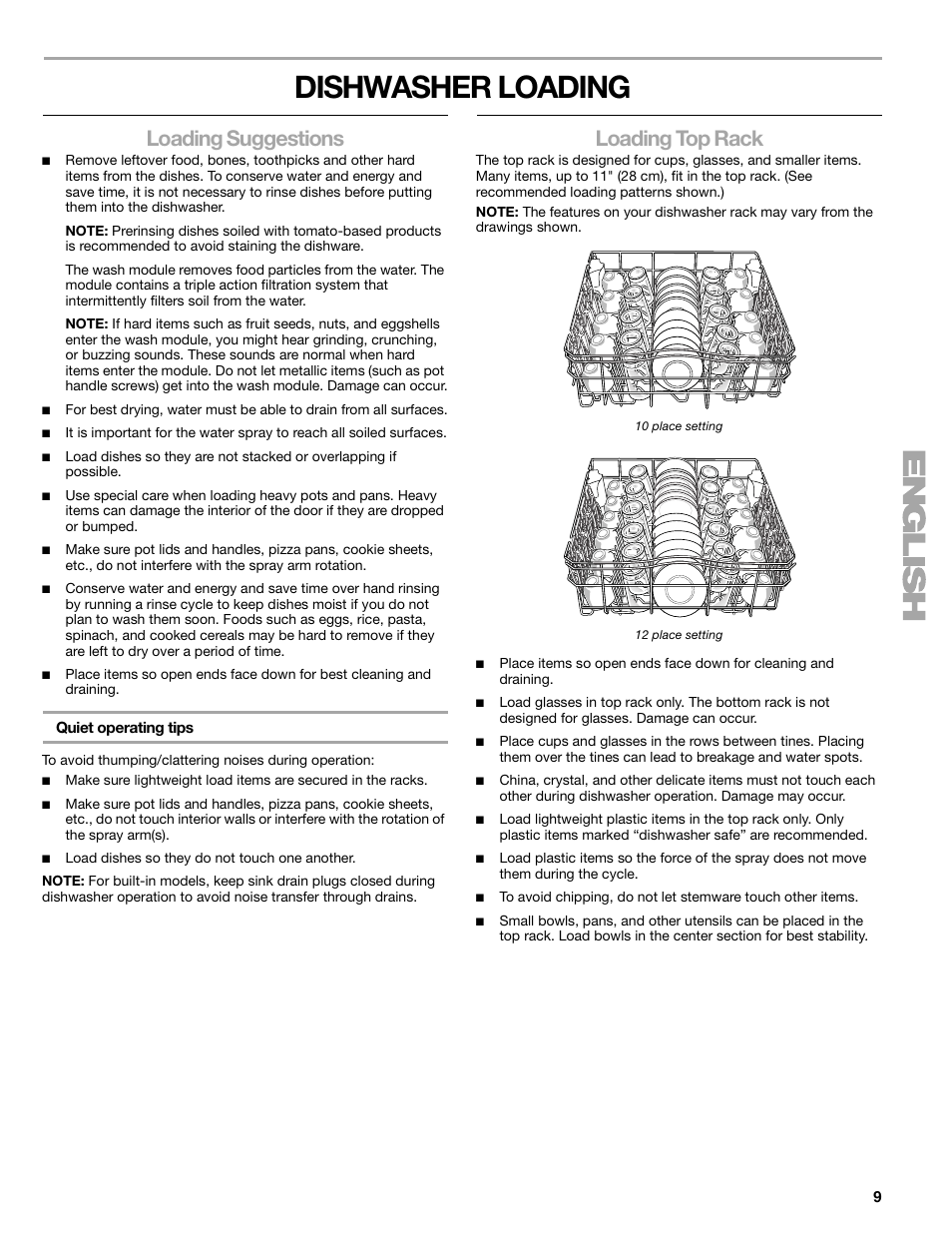 Dishwasher loading, Loading suggestions, Loading top rack | Kenmore 665.1388 User Manual | Page 9 / 24