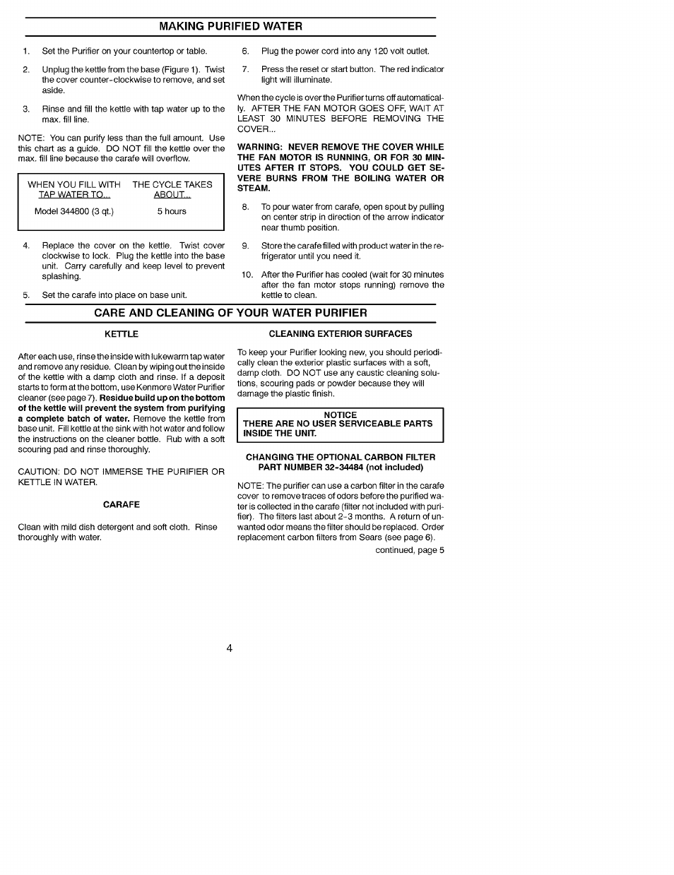 Care and cleaning of your water purifier | Kenmore 625.344800 User Manual | Page 4 / 7