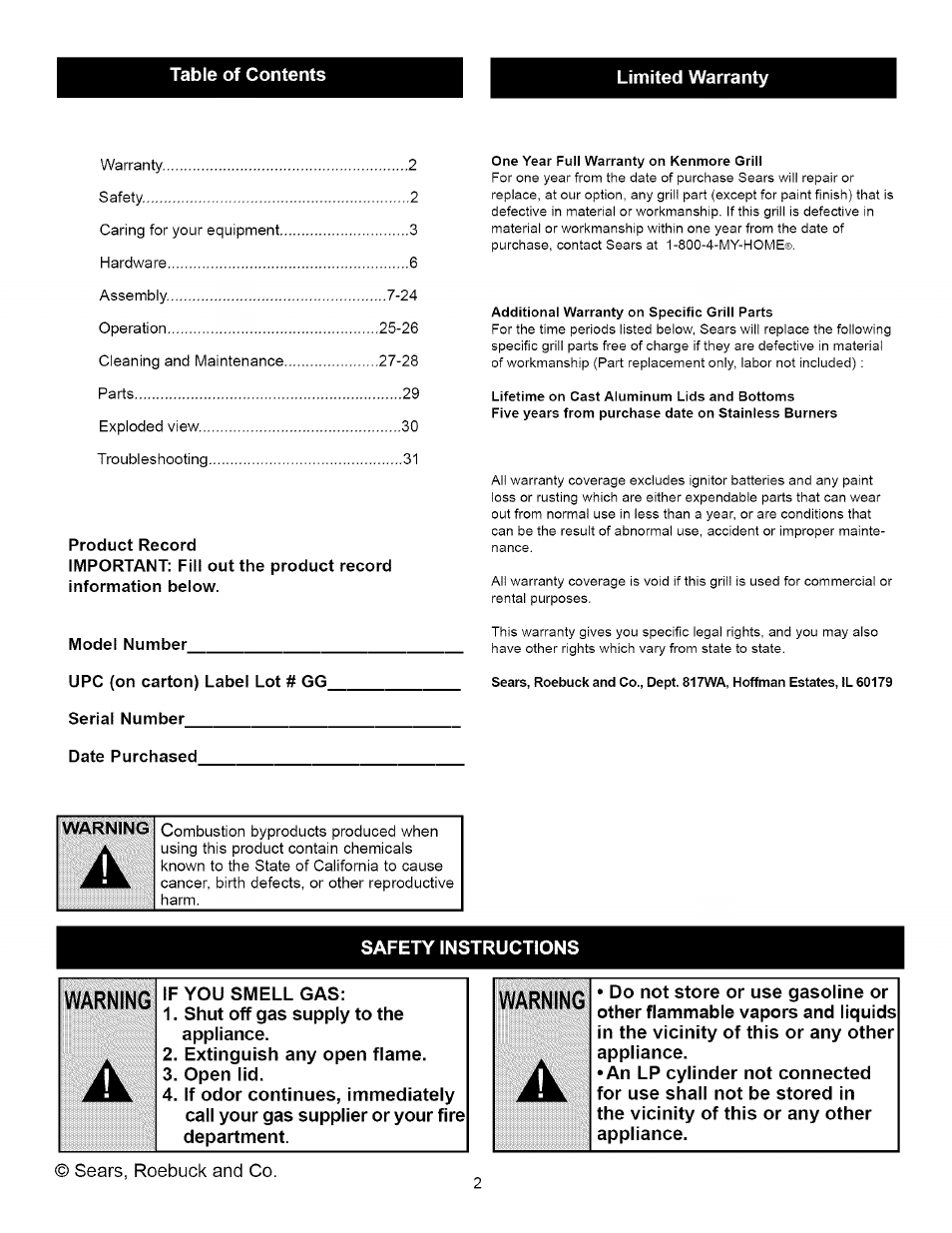 Warning | Kenmore 16238 User Manual | Page 2 / 32