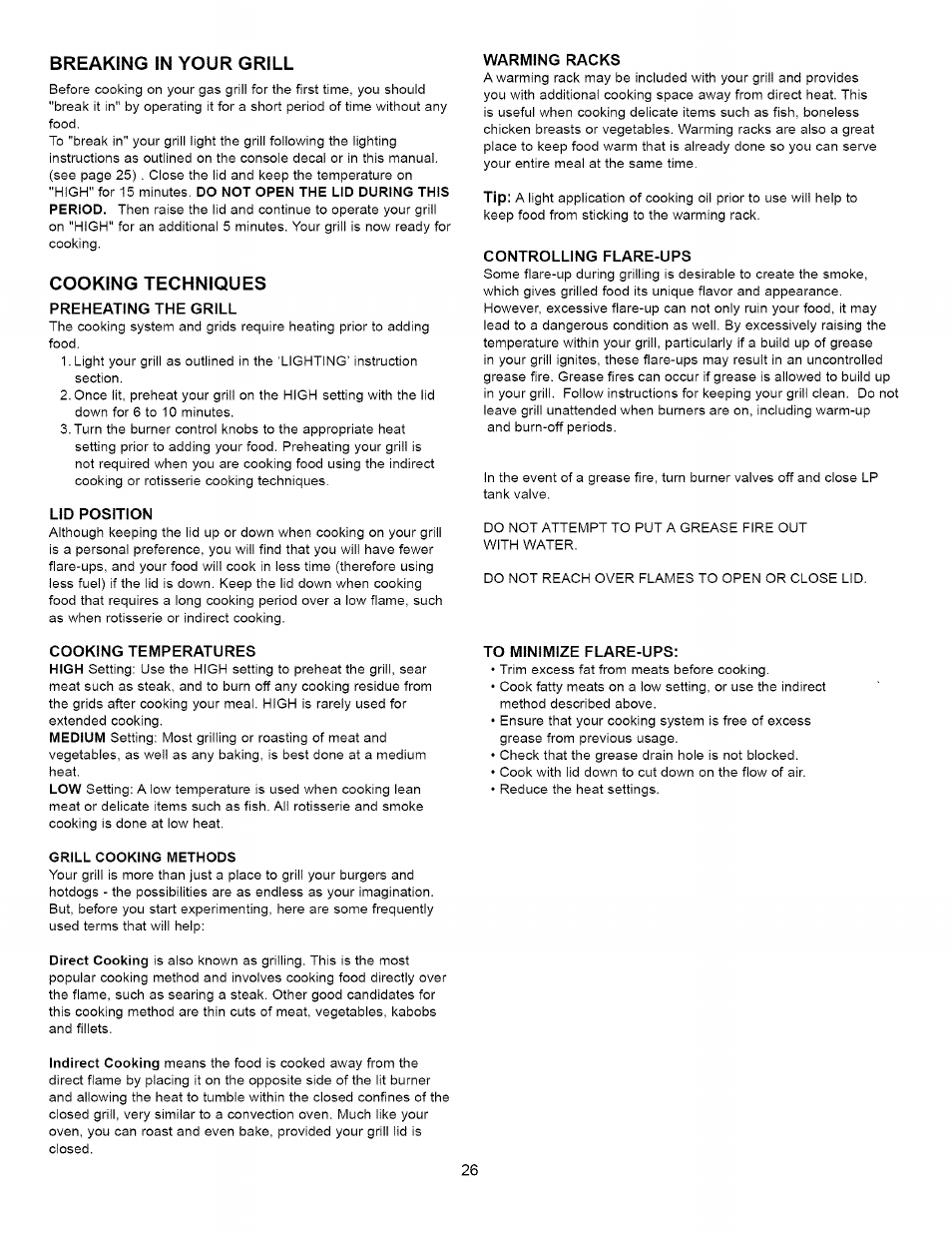 Breaking in your grill, Cooking techniques | Kenmore 16238 User Manual | Page 26 / 32