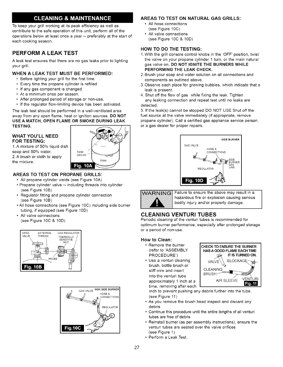 Cleaning & maintenance, Perform a leak test, Cleaning venturi tubes | Kenmore 16238 User Manual | Page 27 / 32