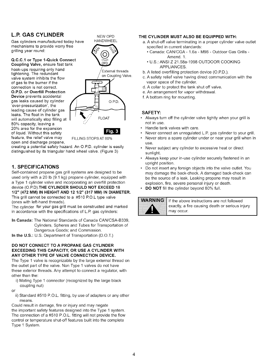 L.p. gas cylinder, 1 specifications | Kenmore 16238 User Manual | Page 4 / 32