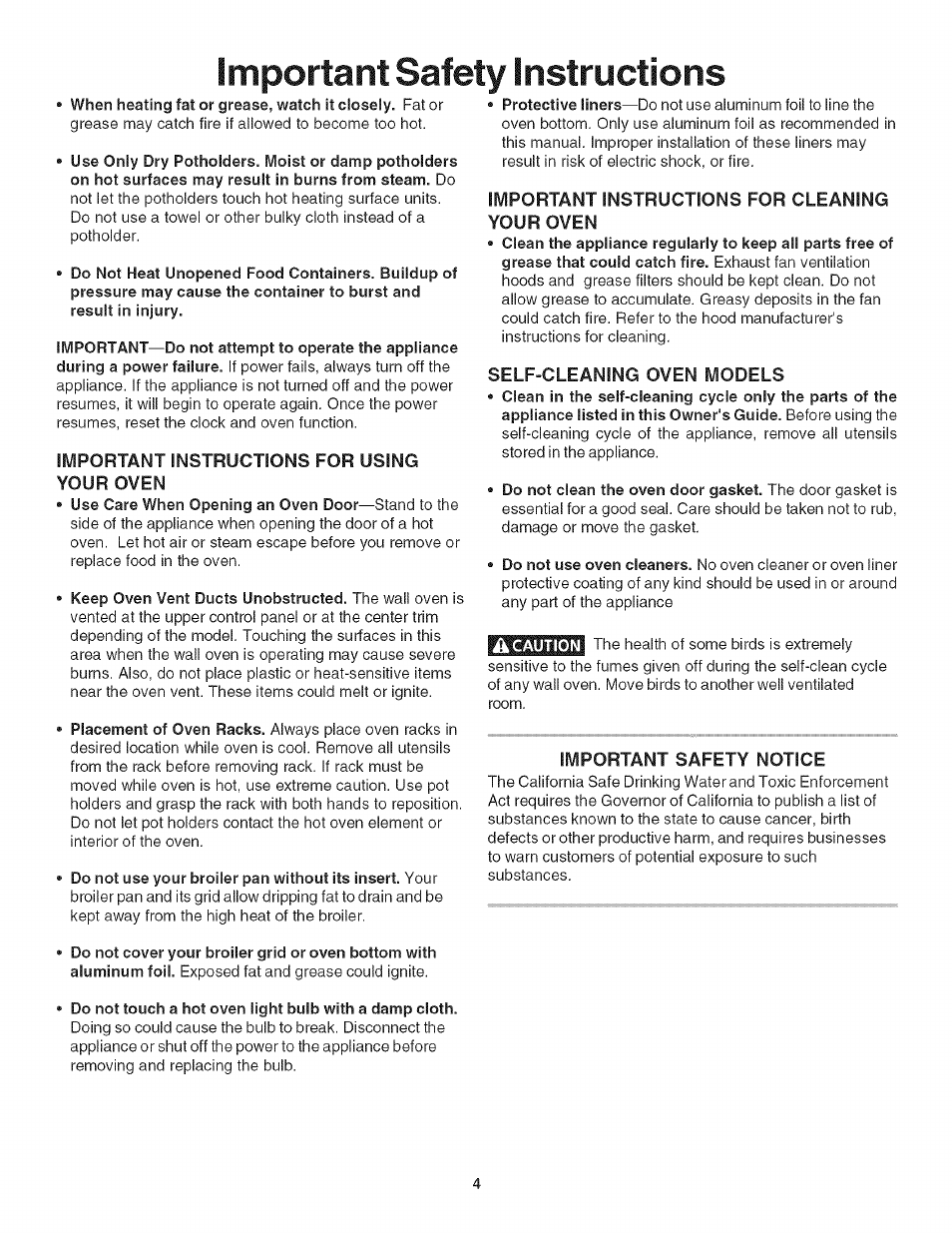 Important safety instructions, Important instructions for using your oven, Important instructions for cleaning your oven | Self-cleaning oven models, Important safety notice | Kenmore 318205128 User Manual | Page 4 / 26