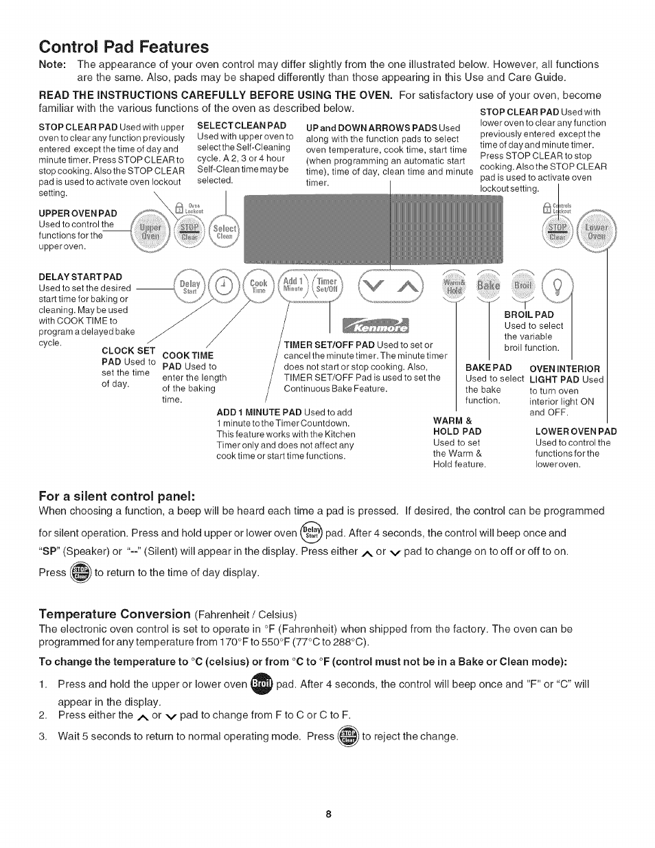 Control pad features, For a silent control panel, Temperature conversion | Kenmore 318205128 User Manual | Page 8 / 26