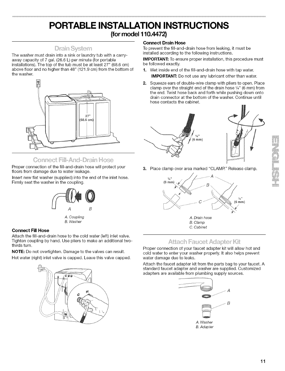 Portable installation instructions, For model 110.4472) | Kenmore 110.4472 User Manual | Page 11 / 60