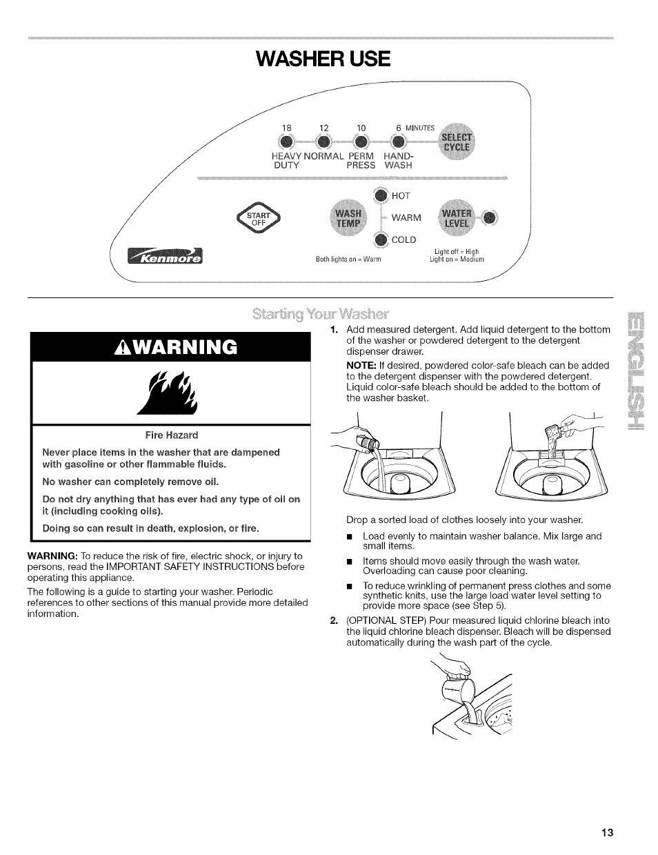 Washer use, Washer safety, Warning | Kenmore 110.4472 User Manual | Page 13 / 60