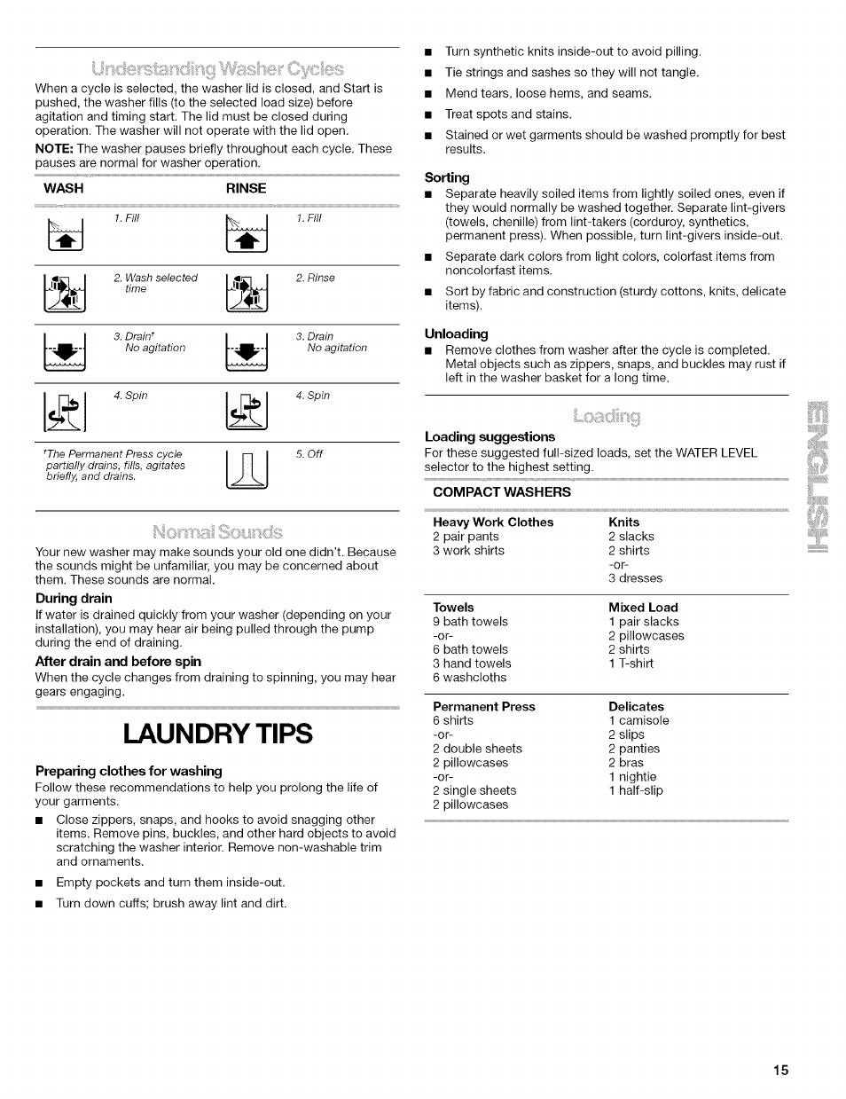 Wash, Laundry tips | Kenmore 110.4472 User Manual | Page 15 / 60