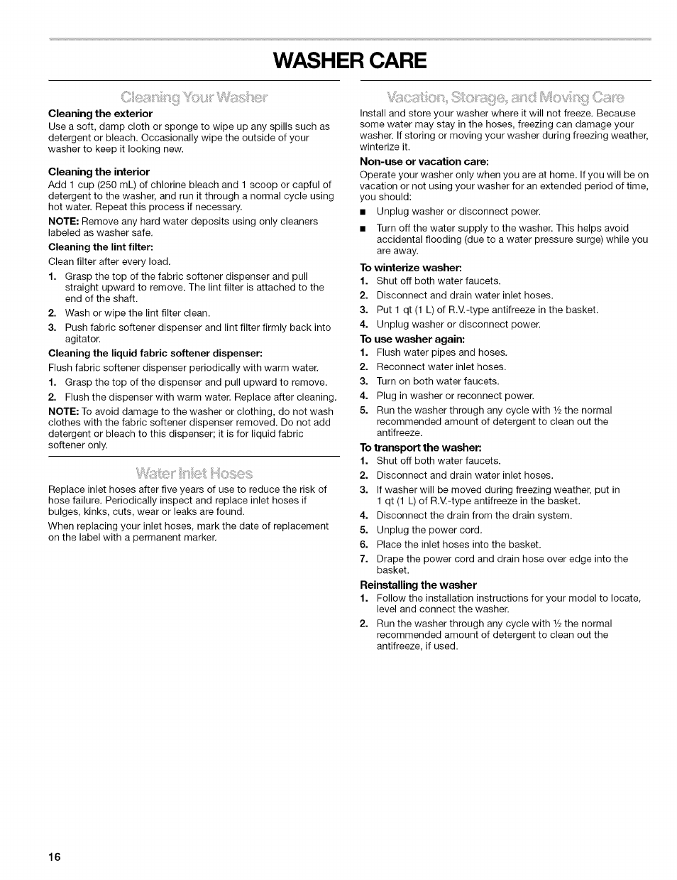 Washer care, Washer use | Kenmore 110.4472 User Manual | Page 16 / 60