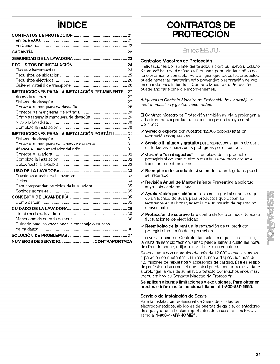 Indice, Contratos de protección | Kenmore 110.4472 User Manual | Page 21 / 60