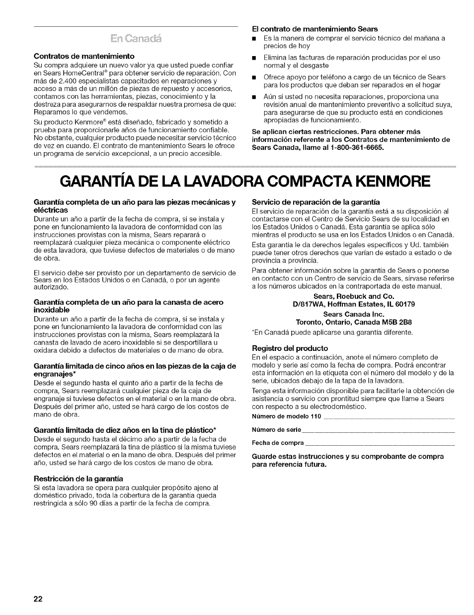 Garantia de la lavadora compacta kenmore | Kenmore 110.4472 User Manual | Page 22 / 60
