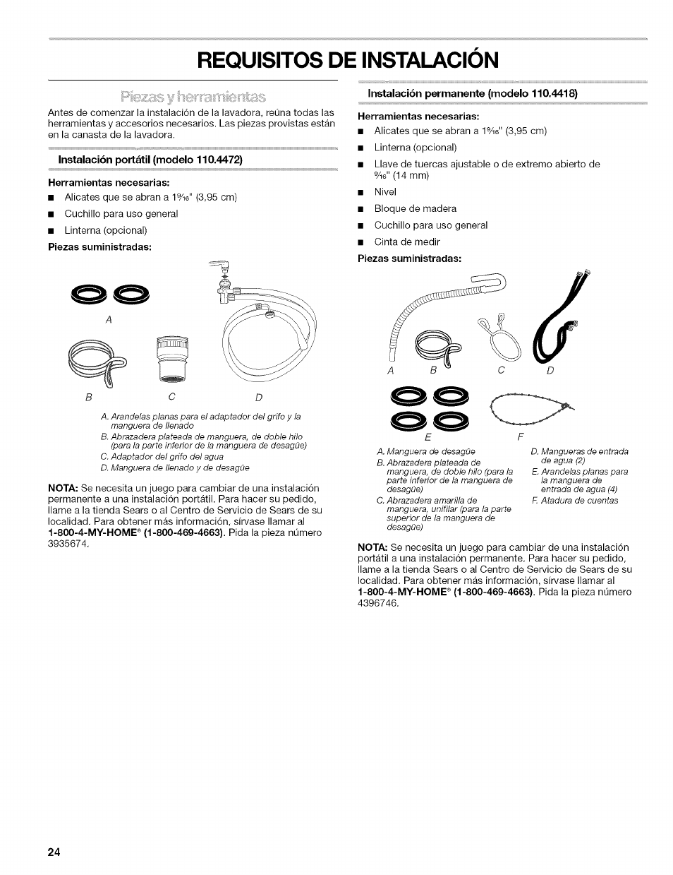 Requisitos de instalacion, Herramientas necesarias, Piezas suministradas | Requisitos de instalación | Kenmore 110.4472 User Manual | Page 24 / 60