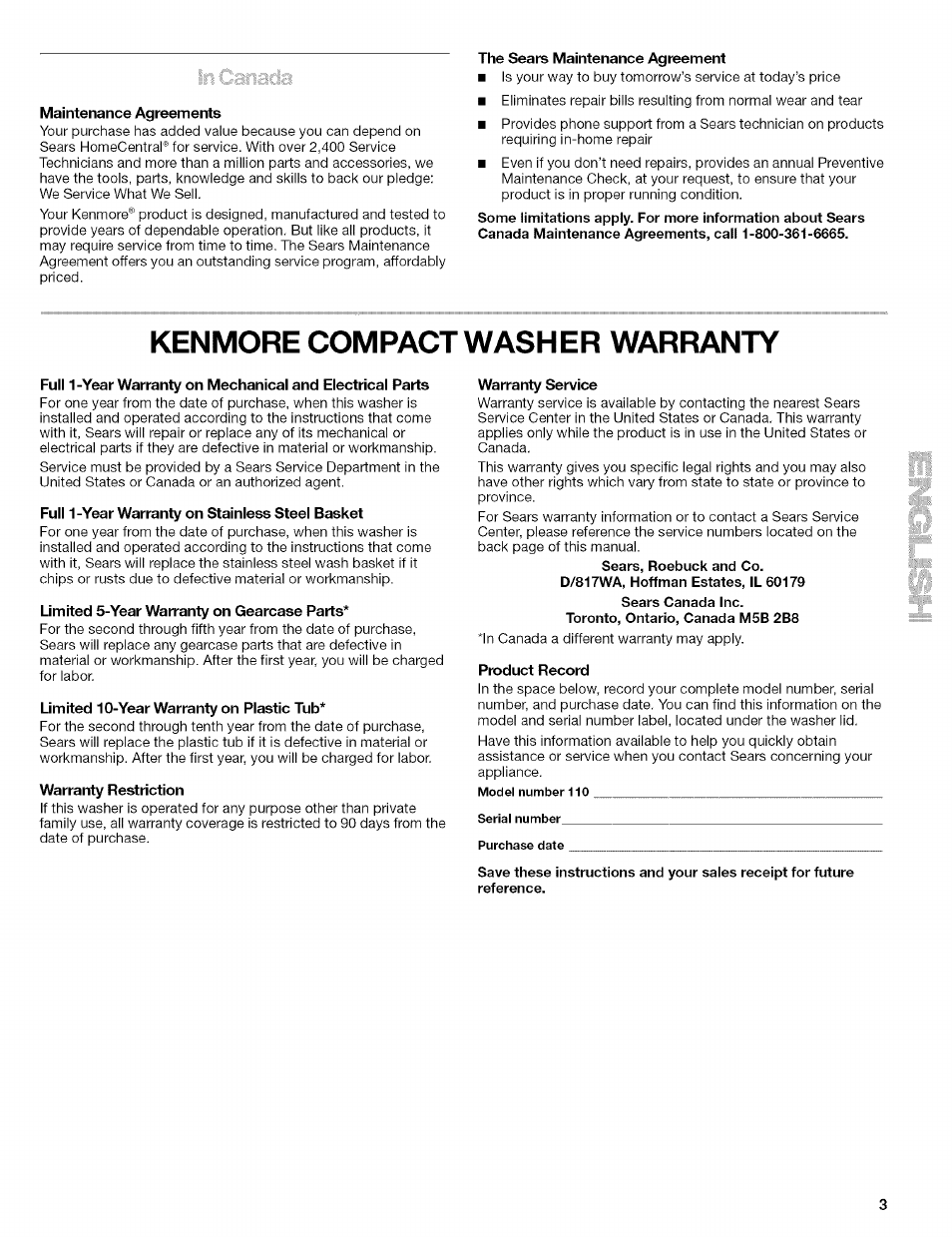 Kenmore compact washer warranty | Kenmore 110.4472 User Manual | Page 3 / 60