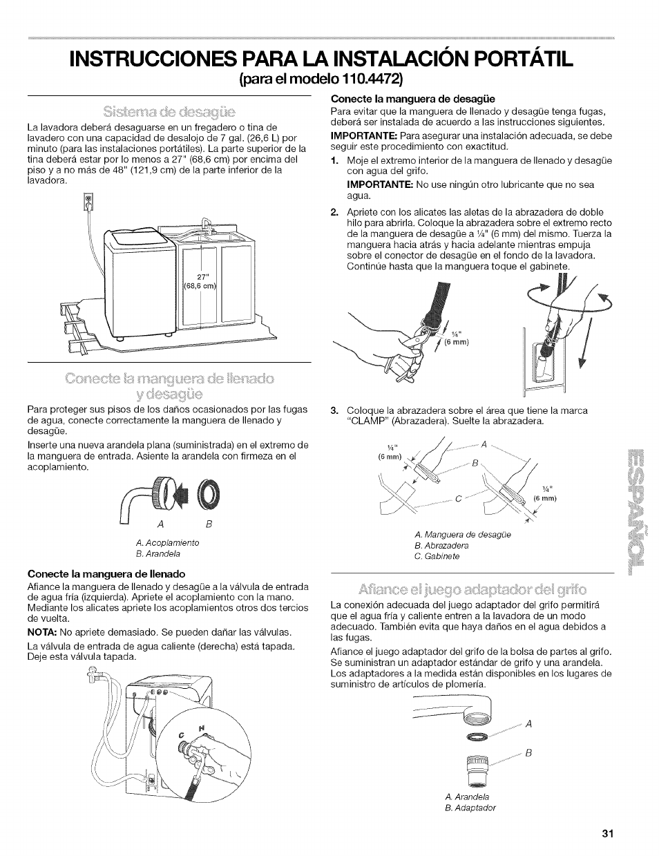 Instrucciones para la instalacion portatil, Para el modelo 110.4472), Instrucciones para la instalación portátil.31 | Kenmore 110.4472 User Manual | Page 31 / 60