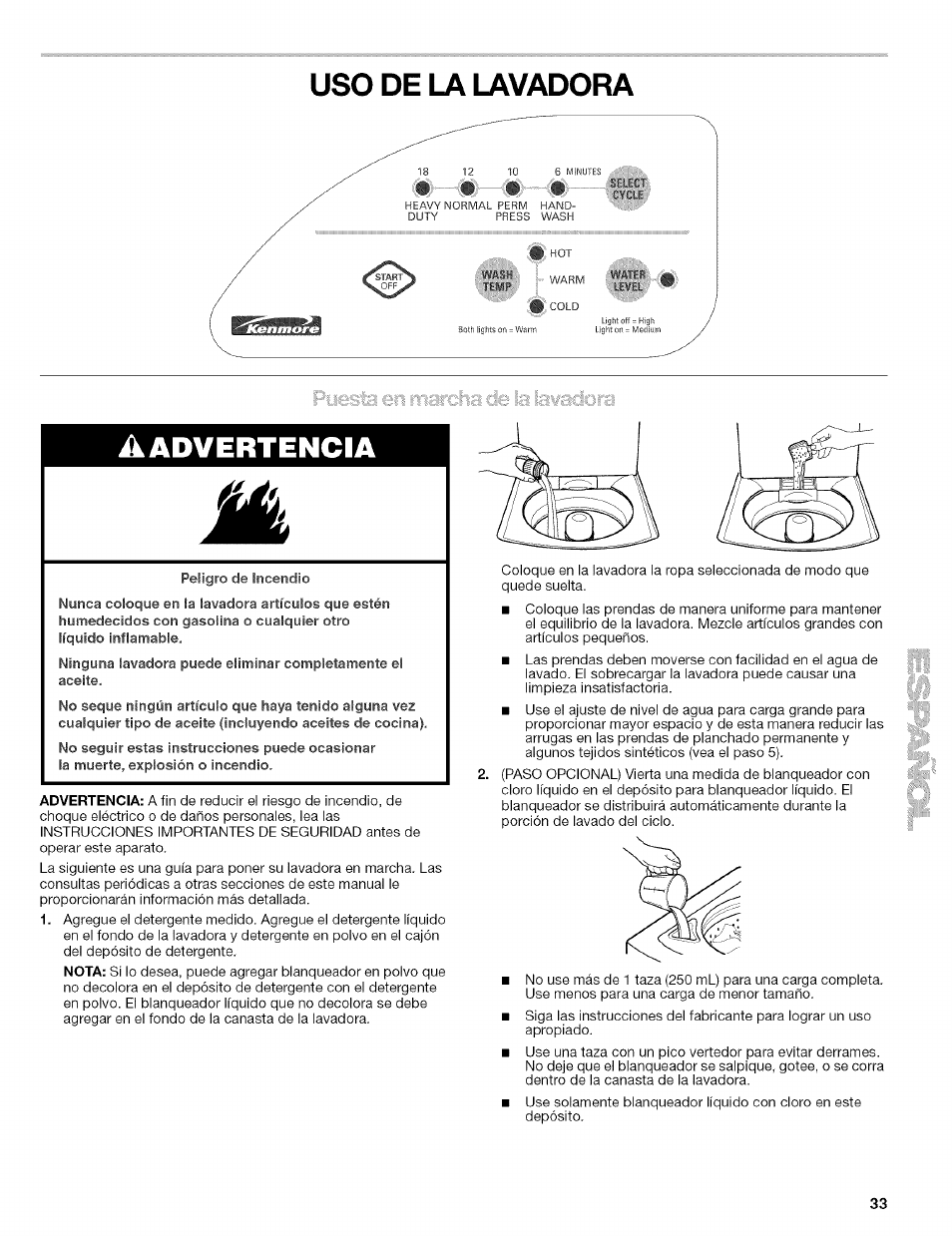 Uso de la lavadora, Desconecte la lavadora, De la lavadora | Advertencia | Kenmore 110.4472 User Manual | Page 33 / 60