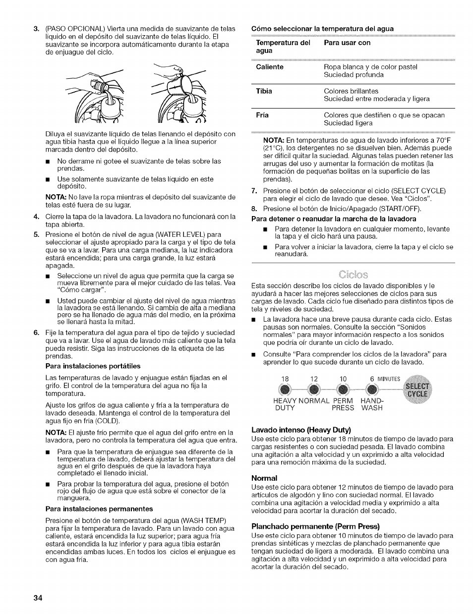 Lavado intenso (heavy duty), Normal, Planchado permanente (perm press) | Kenmore 110.4472 User Manual | Page 34 / 60