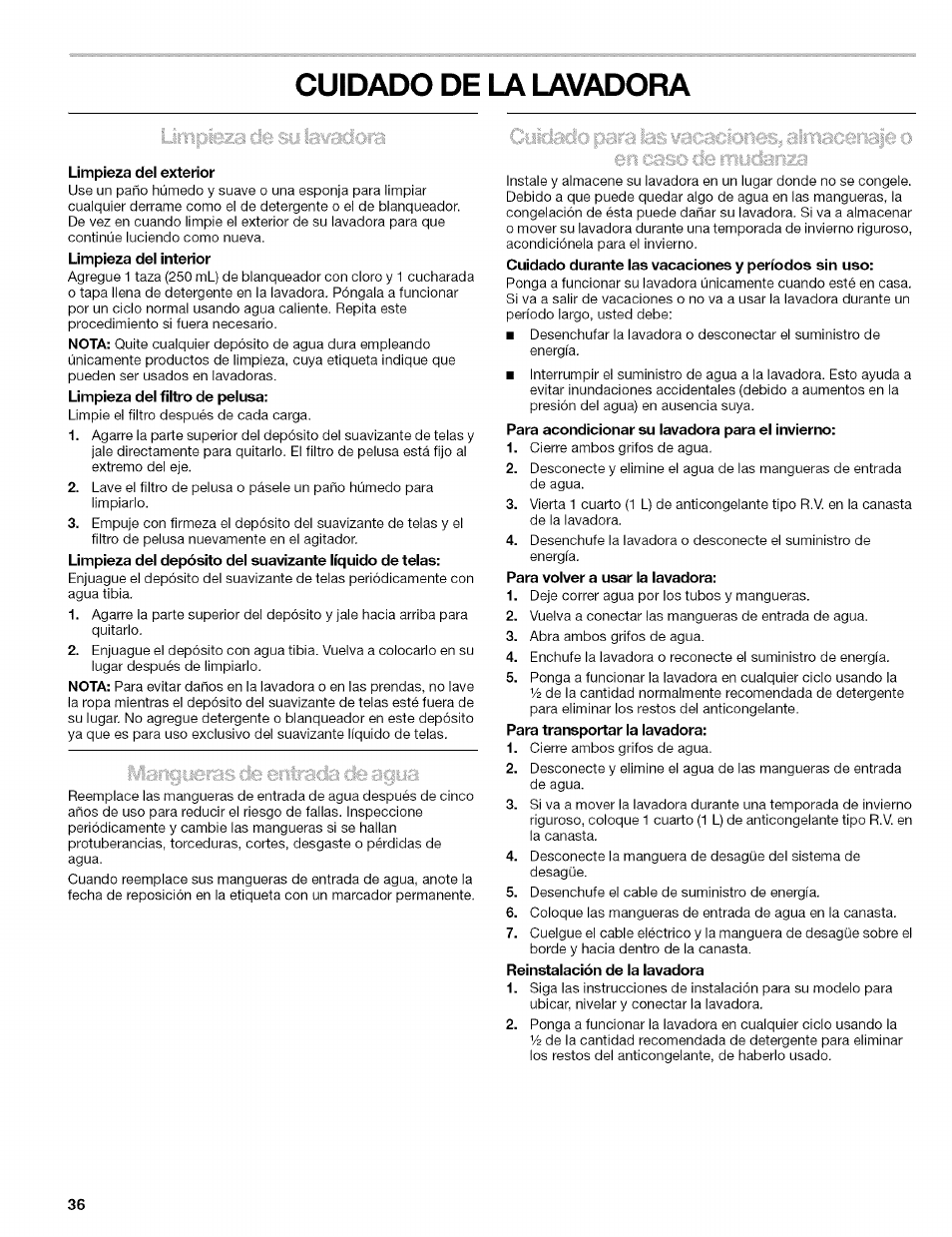 Cuidado de la lavadora, Limpieza del exterior, Uso de la lavadora | Kenmore 110.4472 User Manual | Page 36 / 60