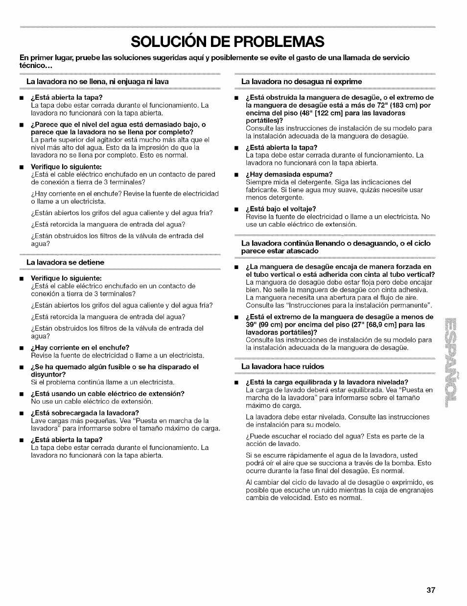 Solucion de problemas, Está abierta la tapa, Verifique lo siguiente | Está la carga equilibrada y la lavadora nivelada, Solución de problemas | Kenmore 110.4472 User Manual | Page 37 / 60