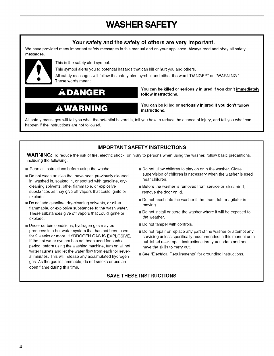 Washer safety, Important safety instructions, Save these instructions | Washer care, Awarning | Kenmore 110.4472 User Manual | Page 4 / 60