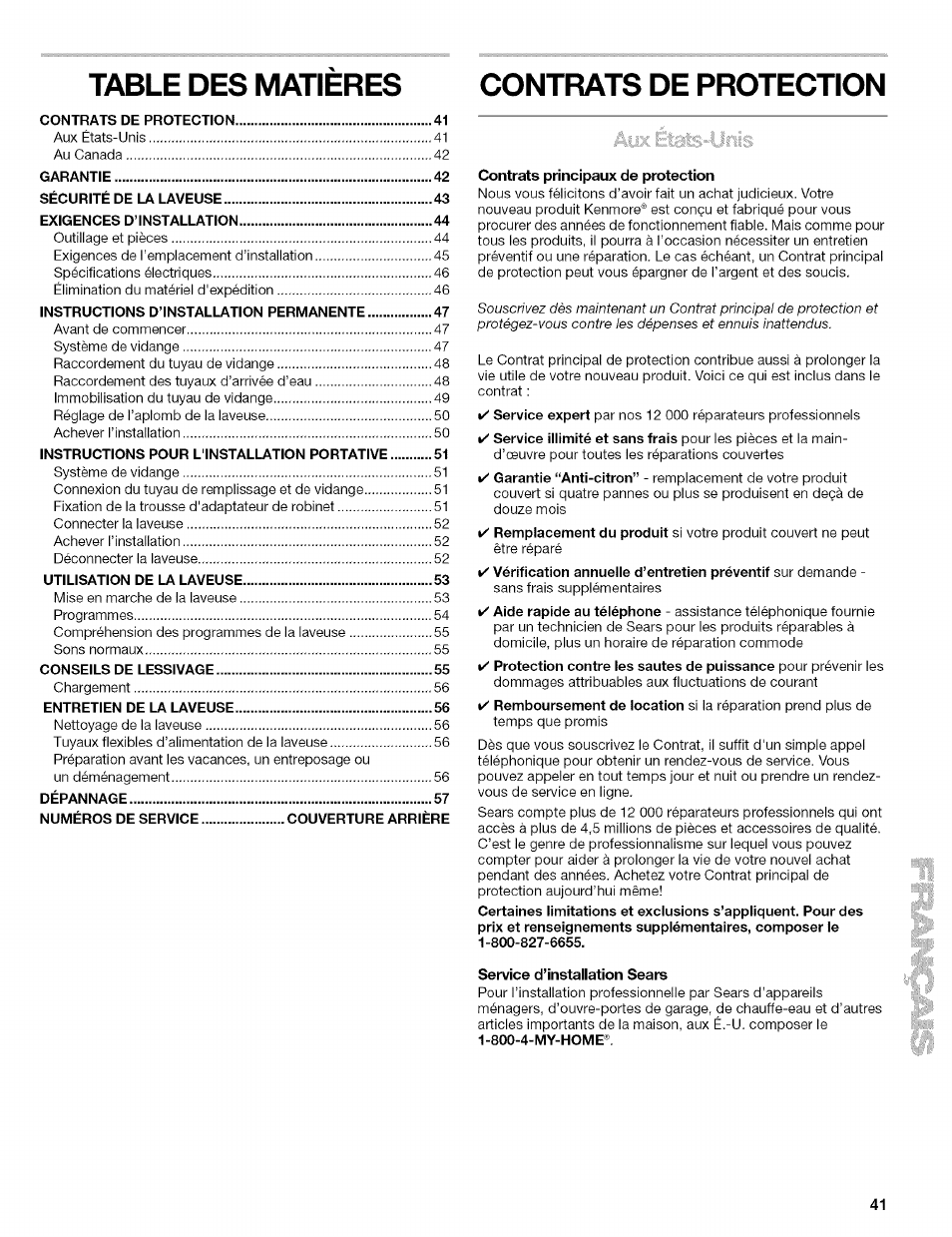 Contrats de protection, Contrats principaux de protection, Service d’installation sears | Table des matieres contrats de protection | Kenmore 110.4472 User Manual | Page 41 / 60