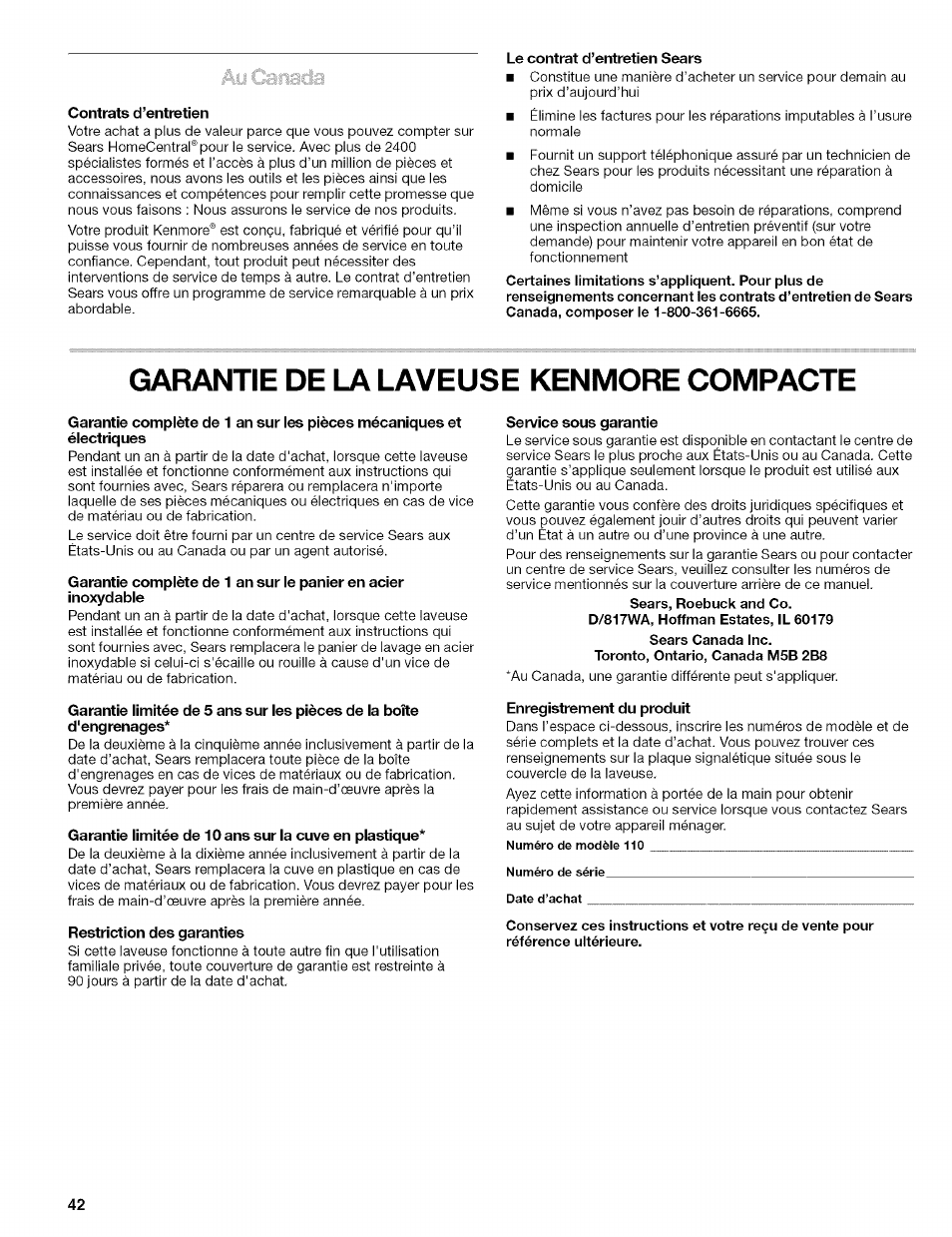 Garantie de la laveuse kenmore compacte | Kenmore 110.4472 User Manual | Page 42 / 60