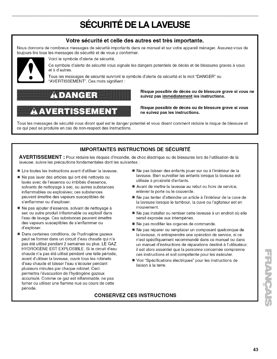 Securite de la laveuse, Sécurité de la laveuse, Adanger aavertissem | Kenmore 110.4472 User Manual | Page 43 / 60