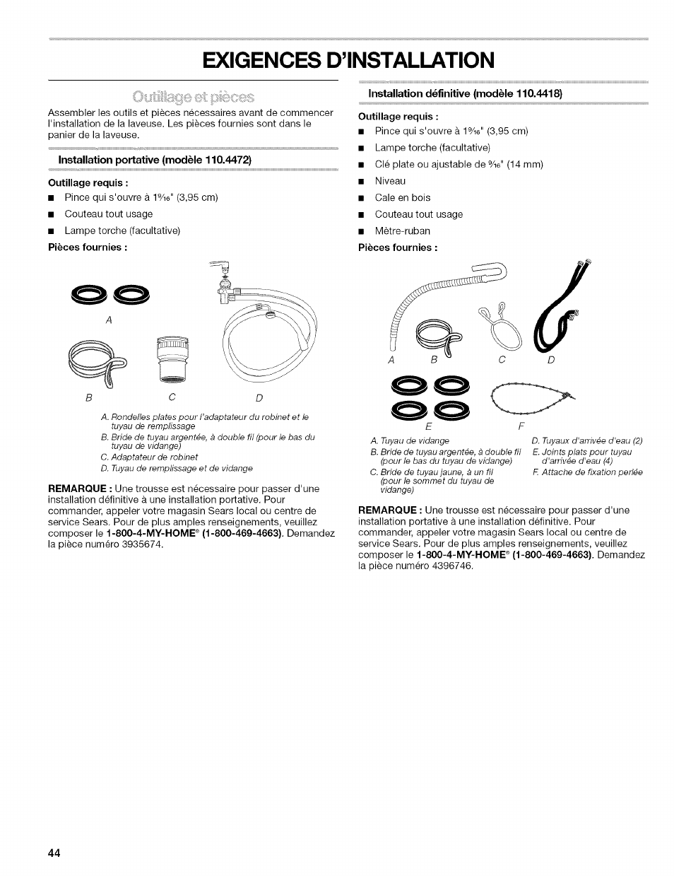 Exigences d’installation, Pièces fournies | Kenmore 110.4472 User Manual | Page 44 / 60