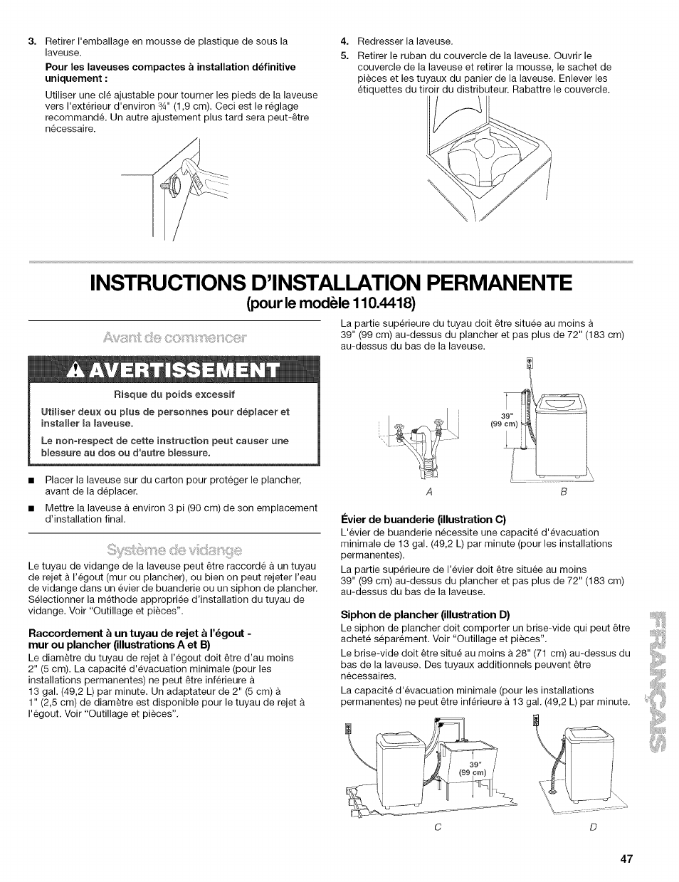 Instructions d’installation permanente, Pour le modèle 110.4418), Avertissement | Kenmore 110.4472 User Manual | Page 47 / 60