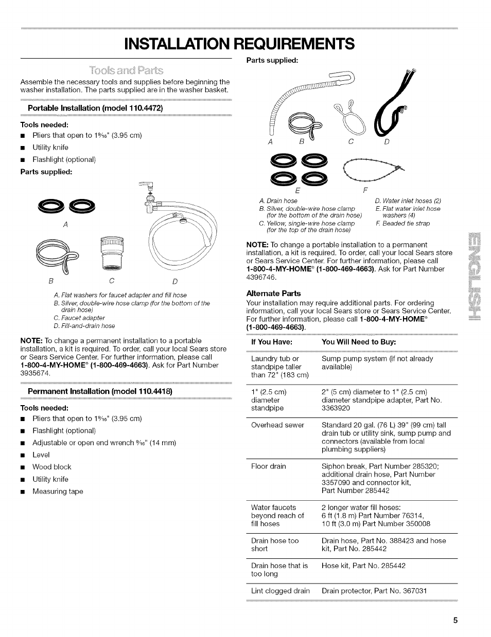 Installation requirements, Portable installation (model 110.4472), Tools needed | Alternate parts | Kenmore 110.4472 User Manual | Page 5 / 60