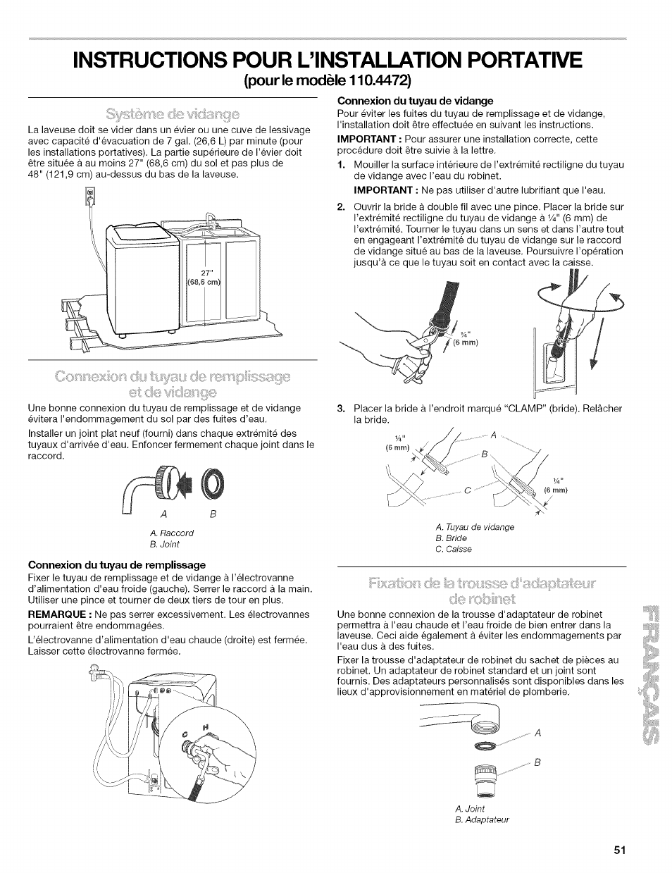 Instructions pour l’installation portative, Pour le modèle 110.4472), Connexion du tuyau de remplissage | Instructions pour l'installation portative, Connexion du tuyau de remplissage et de vidange | Kenmore 110.4472 User Manual | Page 51 / 60
