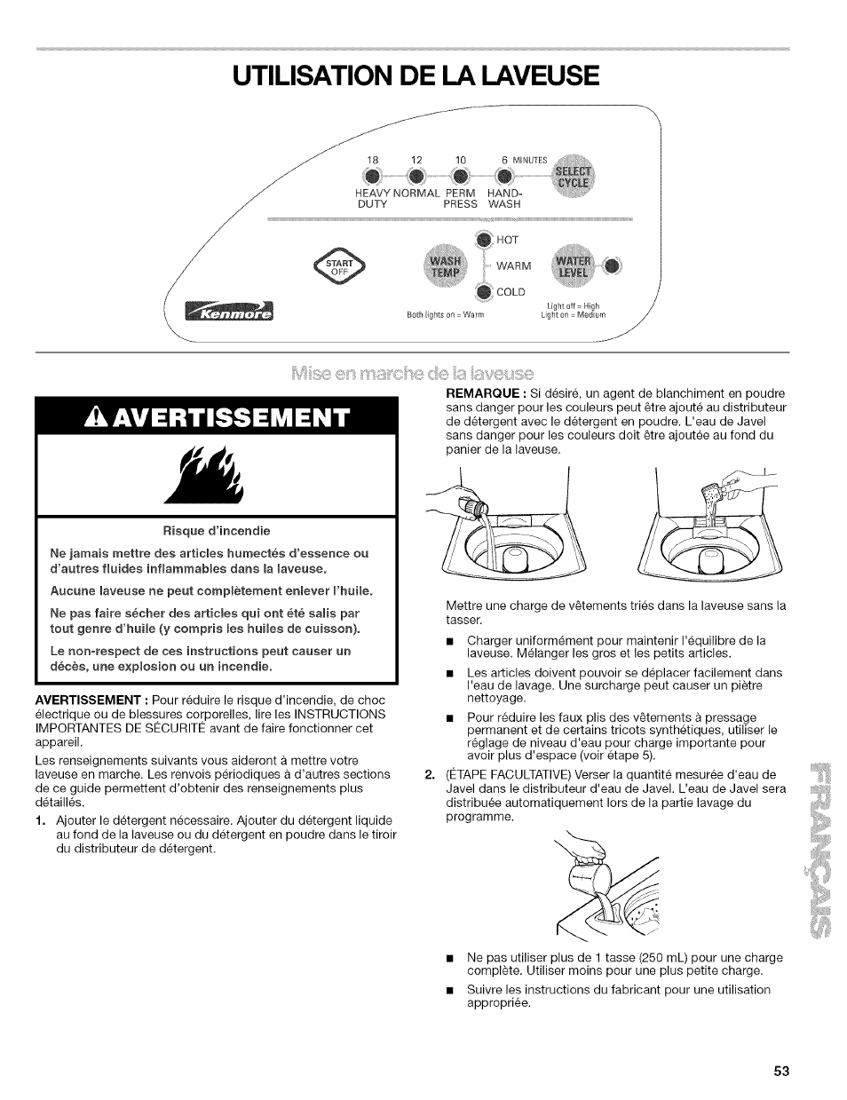 Utilisation de la laveuse, Avertissement | Kenmore 110.4472 User Manual | Page 53 / 60