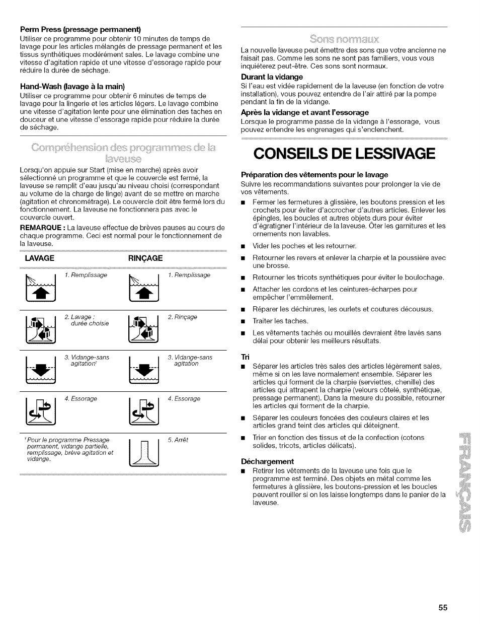 Perm press {pressage permanent), Hand-wash (lavage à la main), Rinçage | Conseils de lessivage, Préparation des vêtements pour le lavage, Déchargement, Chargement | Kenmore 110.4472 User Manual | Page 55 / 60