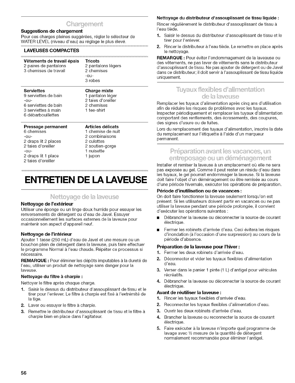 Suggestions de chargement, Laveuses compactes, Vêtements de travail épais | Nettoyage de l'extérieur, Nettoyage de l'intérieur, Entretien de la laveuse | Kenmore 110.4472 User Manual | Page 56 / 60