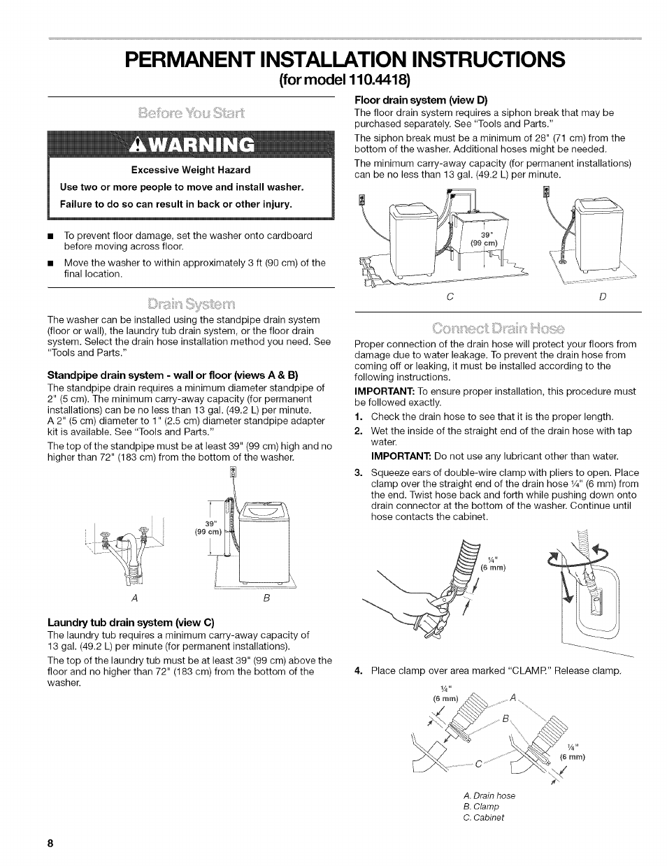 Permanent installation instructions, For model 110.4418), Excessive weight hazard | Laundry tub drain system (view c), Awarning | Kenmore 110.4472 User Manual | Page 8 / 60