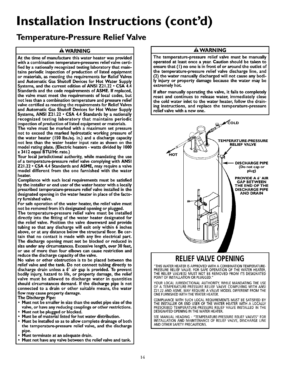 Installation instructions (cont’d), Temperature-pressure relief valve, A warning | Relief valve opening | Kenmore THE ECONOMIZER 153.33298 User Manual | Page 14 / 44