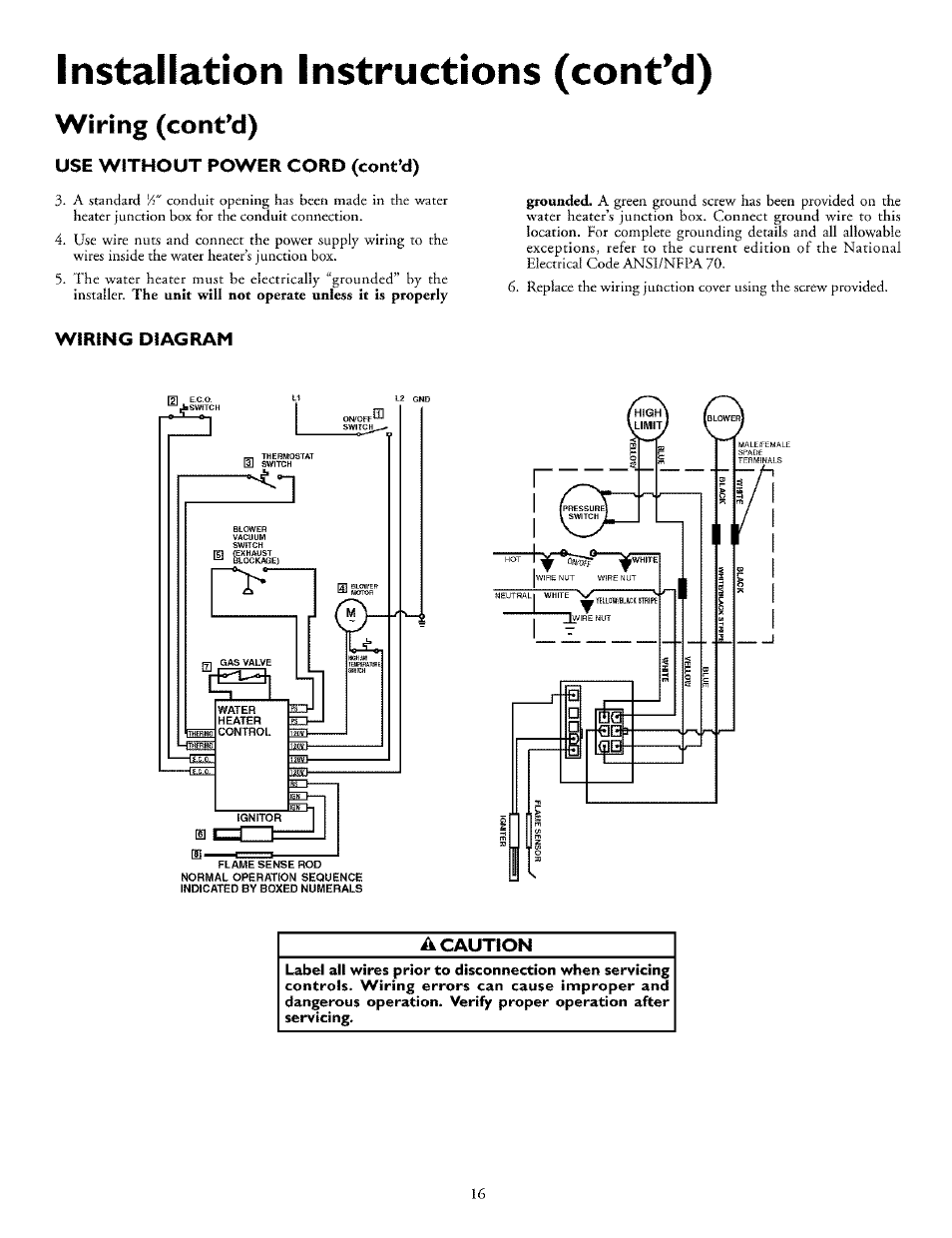 Wiring (cont’d), Use without power cord (cont’d), Wiring diagram | A caution, Installation instructions (cont’d) | Kenmore THE ECONOMIZER 153.33298 User Manual | Page 16 / 44