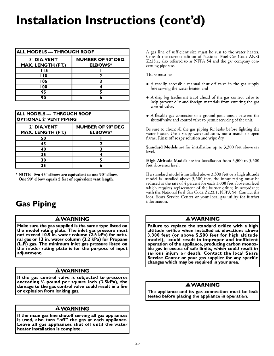 Gas piping, Awarning, Installation instructions (cont’d) | Kenmore THE ECONOMIZER 153.33298 User Manual | Page 23 / 44