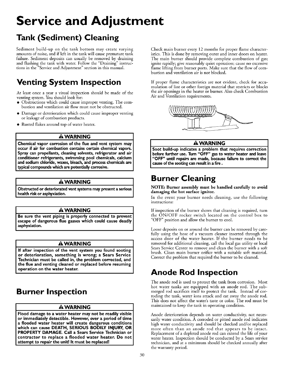 Service and adjustment, Tank (sediment) cleaning, Venting system inspection | A warning, Awarning, Burner inspection, Burner cleaning, Anode rod inspection | Kenmore THE ECONOMIZER 153.33298 User Manual | Page 30 / 44