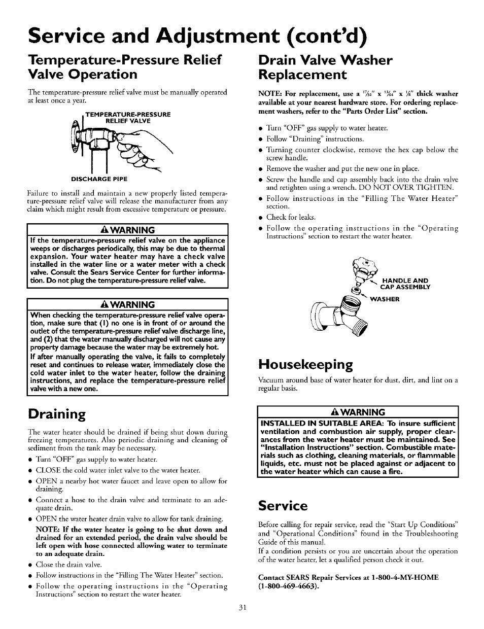 Service and adjustment (cont’d), Temperature-pressure relief valve operation, Draining | Drain valve washer replacement, Housekeeping, Service | Kenmore THE ECONOMIZER 153.33298 User Manual | Page 31 / 44