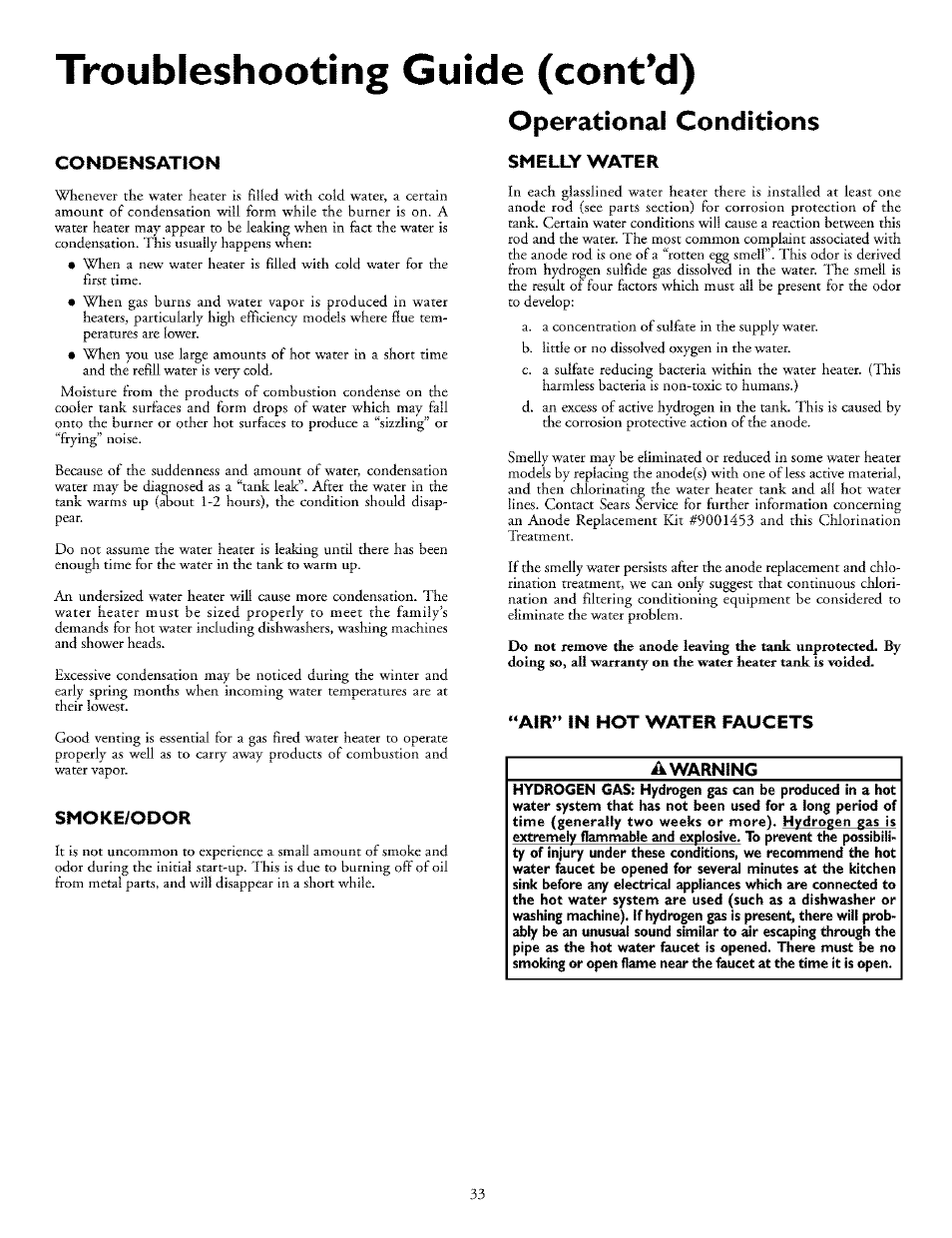 Condensation, Smoke/odor, Operational conditions | Smelly water, Air” in hot water faucets, Condensation smoke/odor, Operational conditions ,34, Smelly water “air” in hot water faucets, Troubleshooting, Cont’d) | Kenmore THE ECONOMIZER 153.33298 User Manual | Page 33 / 44