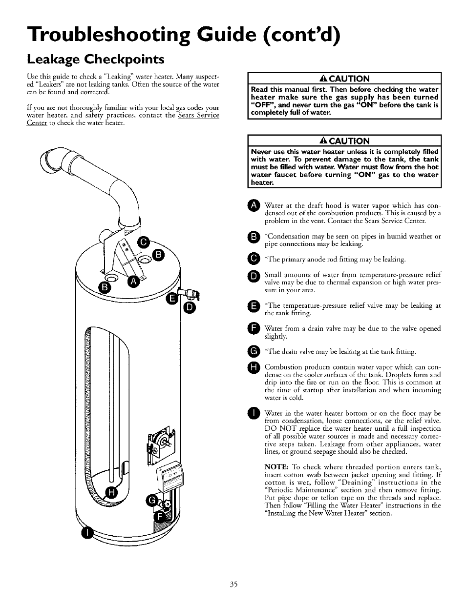 Leakage checkpoints, A caution, Troubleshooting (cont’d) | Kenmore THE ECONOMIZER 153.33298 User Manual | Page 35 / 44