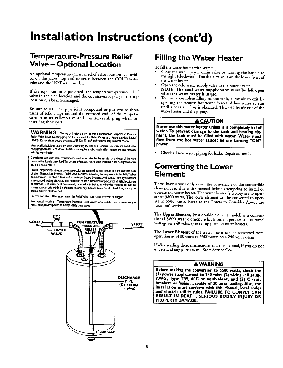 Filling the water heater, Converting the lower element, Installation instructions (cont’d) | Warning, A caution, Awarning | Kenmore 153.31614 User Manual | Page 10 / 32