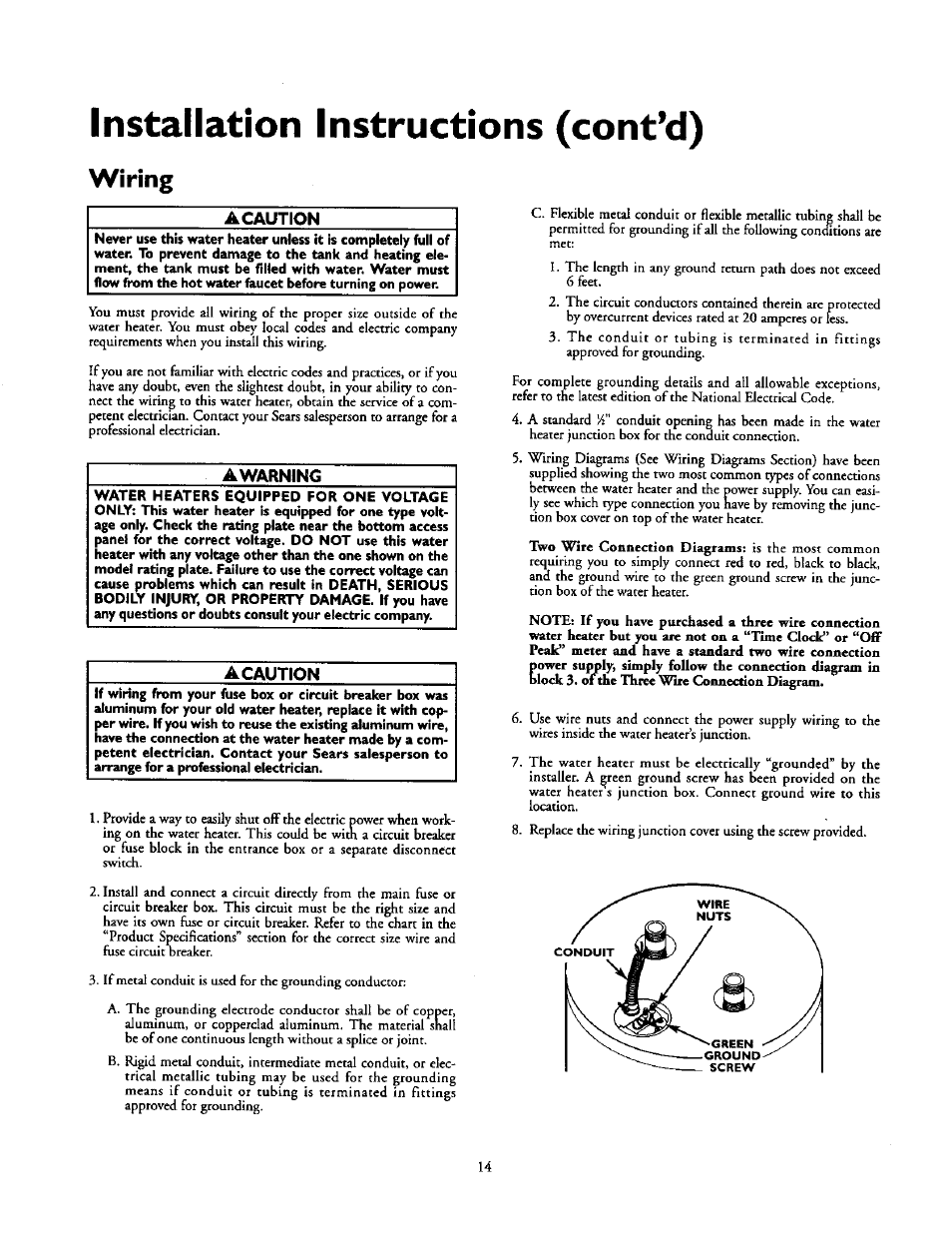 Wiring, A caution, Awarning | Installation instructions (cont’d) | Kenmore 153.31614 User Manual | Page 14 / 32